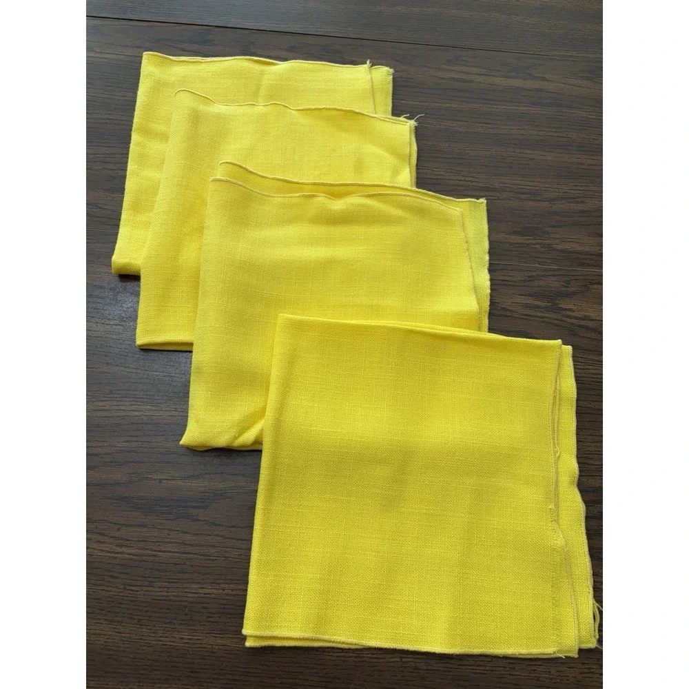 Vintage Set 4 Bright Yellow Linen Napkins Chartreuse Retro Tablescape 19x19
